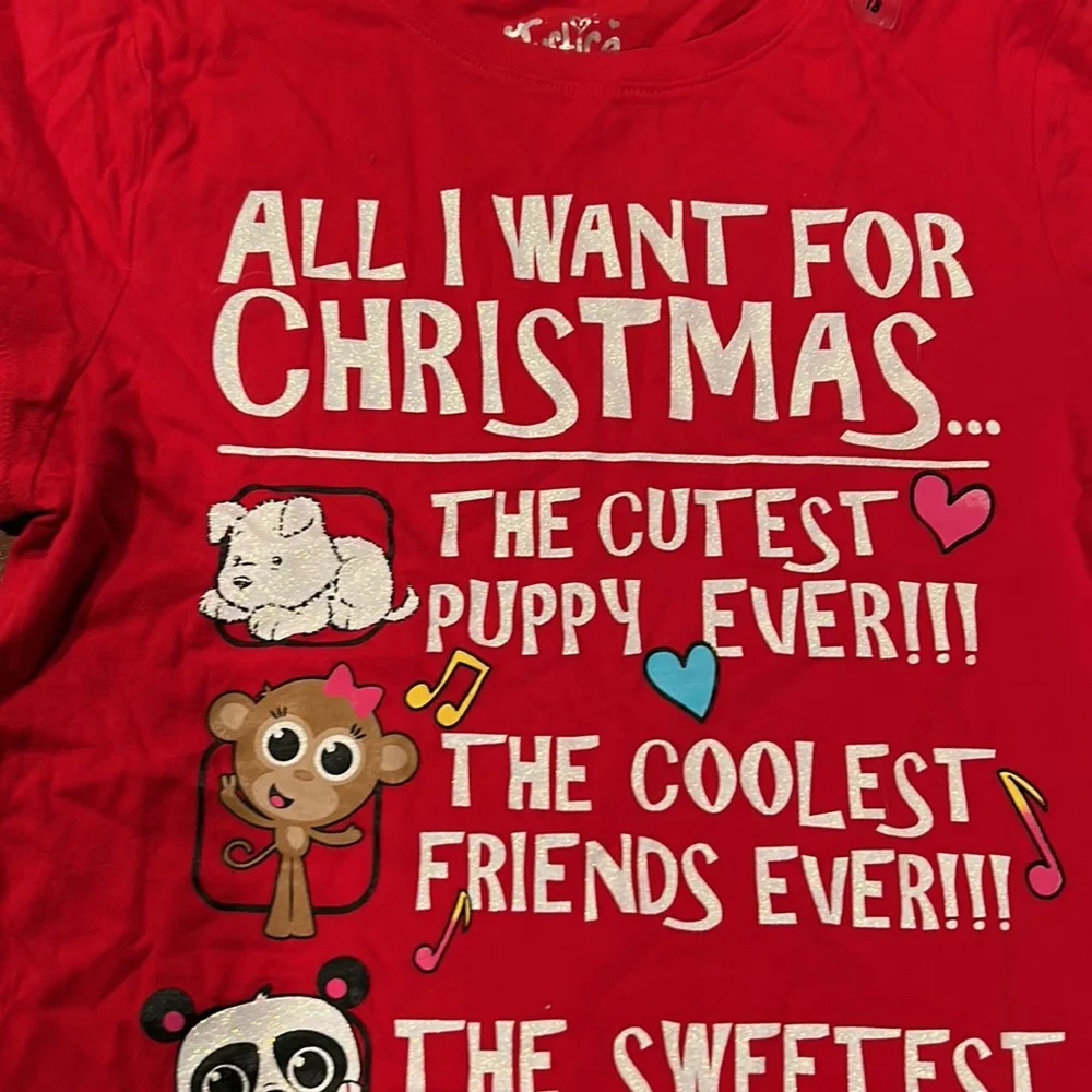 NWT Justice All I want For Christmas Puppy Friends Candy Red White Top 18